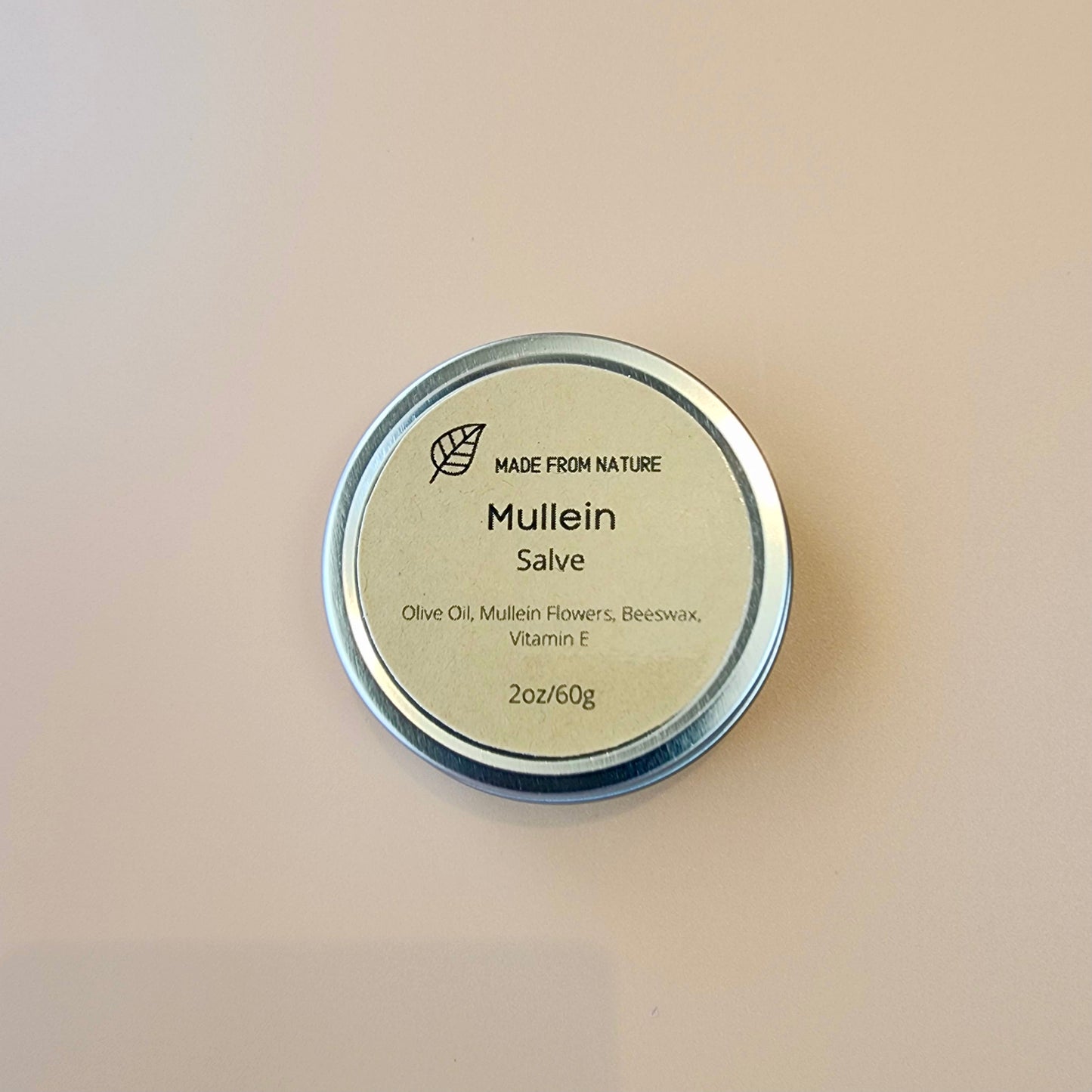 Top view of Mullein Salve 2oz tin by MadeFromNature — natural herbal botanical ointment made in Canada for skin health benefits