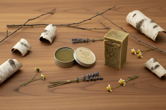 Birch tar soap bar and birch tar balm arranged on a warm wooden surface with birch bark pieces and dried botanicals. Natural handmade skincare by MadeFromNature, Canada.