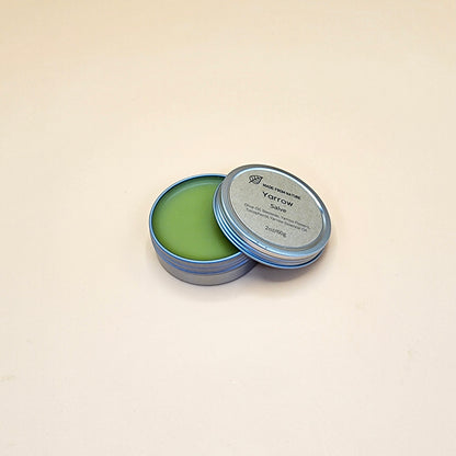 Yarrow Flower Salve has many skin benefits: wounds heal faster, helps prevent infection, reduces redness, irritation, and inflammation, helps with itching and insect bites.