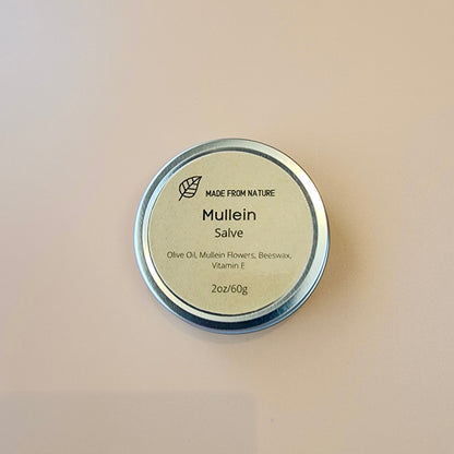 Top view of Mullein Salve 2oz tin by MadeFromNature — natural herbal botanical ointment made in Canada for skin health benefits