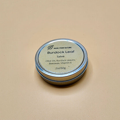 Burdock Leaf Salve jar promotes wound healing, particularly in burns and traumatic injuries, and is often used for soothing dry, irritated skin. 